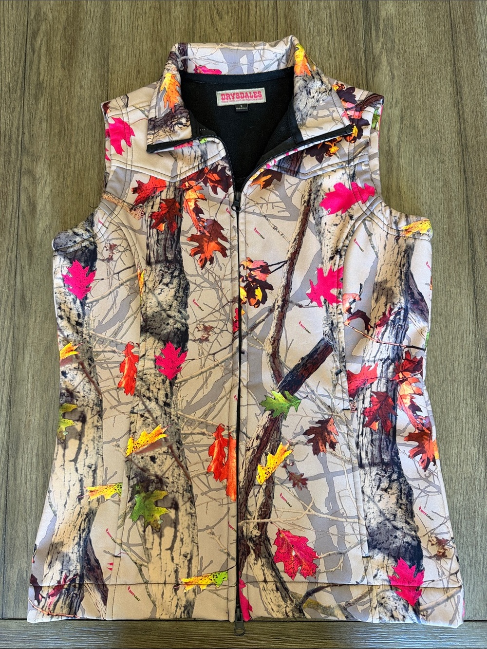 Drysdales Women's Camo Vest with Neon Pink, Orange, Yellow & Green Leaf Accents